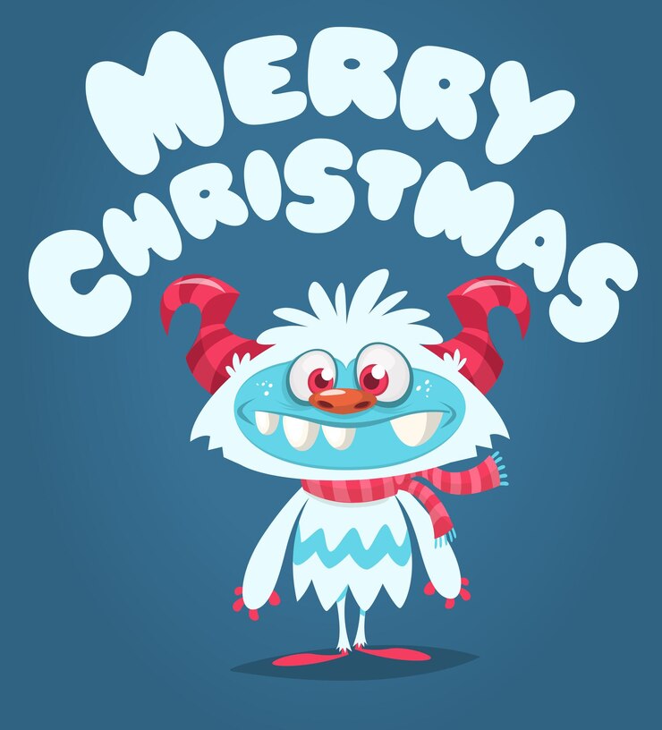 Vetor monstro feliz de desenho animado com expressão facial engraçada usando chapéu de papai noel cartão de convite de festa de natal feliz ou cartaz desenho de férias de ano novo ilustração vetorial