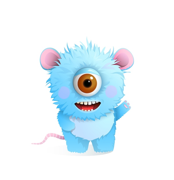 Monstro fofo peludo fofo com um grande olho para crianças, cumprimentando ou parabenizando. Sorrindo design de criatura imaginária para crianças, ilustração dos desenhos animados 3d.