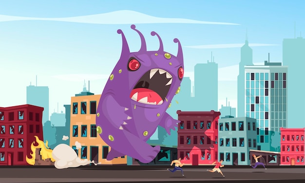 Monstro roxo atacando ilustração dos desenhos animados da cidade