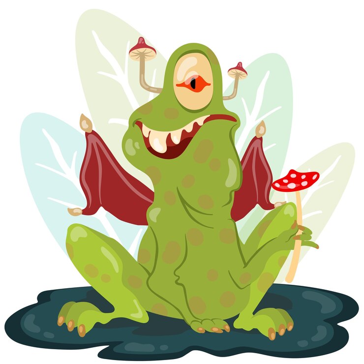 Vetor monstro sapo de personagem sentado no pântano com agárico na pata ilustração vetorial desenhada à mão