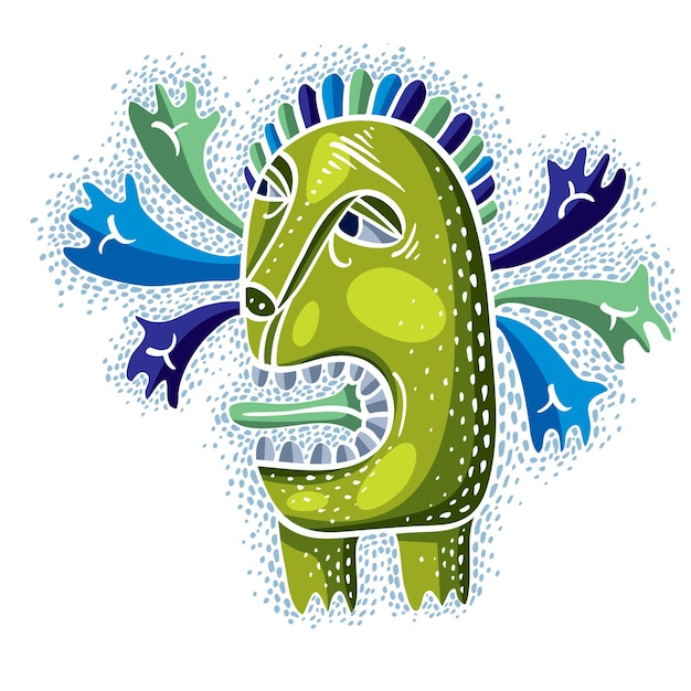 Vetor monstro verde louco de desenho animado vetorial, única criatura estranha. personagem mítico de clipart para uso em design gráfico e como mascote.