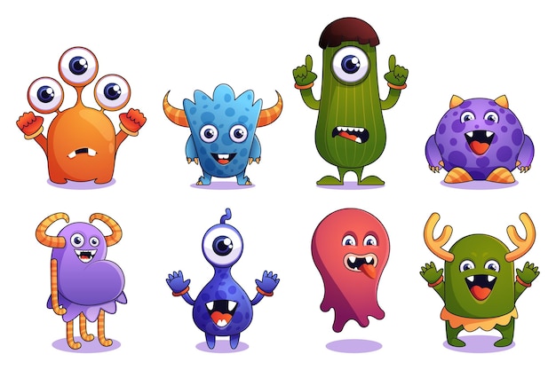 Monstros bonitos Criatura de fada colorida de desenho animado com olhos e boca engraçados Personagens de mascote de animais alienígenas em estilo plano Conjunto colorido de criatura animal Ilustração engraçada