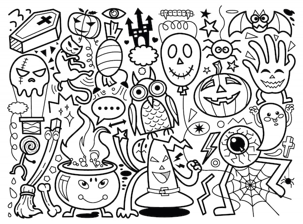 coleção de monstros de halloween doodle desenho como jack o'lantern,  fantasma, bruxa e muito mais. 3541107 Vetor no Vecteezy