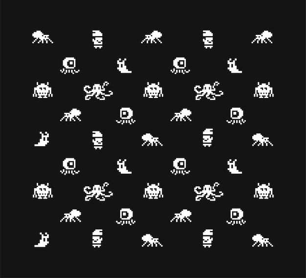 Vetor monstros de pixels engraçados padrão sem costura de jogo de pixels de 8 bits elementos de videogame retrô para impressão de tecido