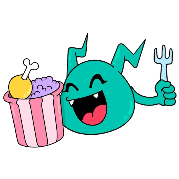 Monstros de rosto feliz recebem uma porção generosa de comida, arte de ilustração vetorial. imagem de ícone do doodle kawaii.
