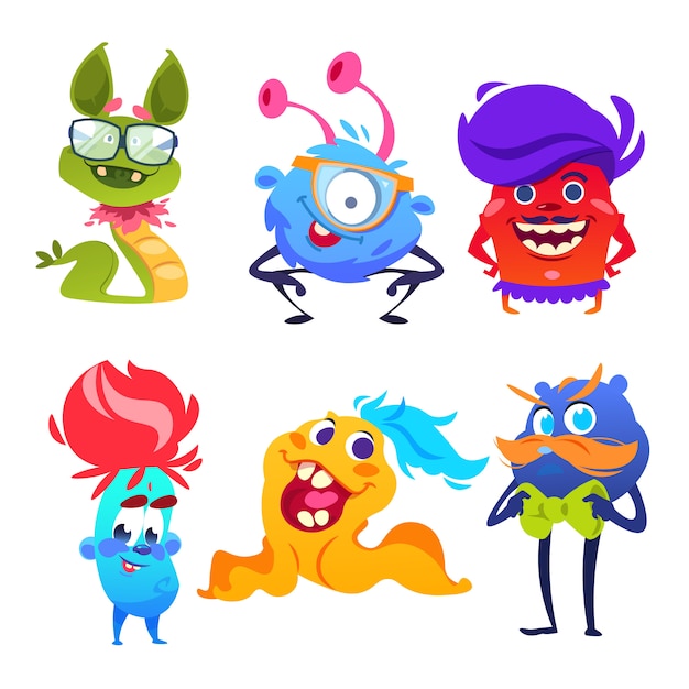 Monstros fofos. feliz mutante dos desenhos animados e brinquedos goblin. alienígenas de halloween vector conjunto de monstro