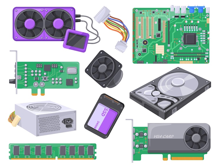 Vetor montagem de pc componentes de computador dentro de dispositivo placa-mãe componente hardware laptop fornecimento alfândega construir ventilador frio eletrônico ssd hdd psu adaptador cartão ram ilustração vetorial limpa