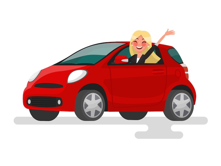 Vetor montando na máquina. feliz mulher loira cavalga no carro. ilustração em estilo cartoon