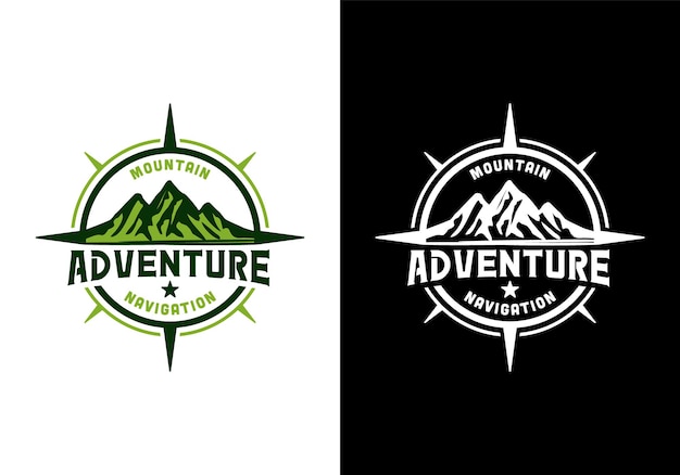 Vetor montanha com bússola. inspiração do modelo de design de logotipo de navegação de aventura ou viagem