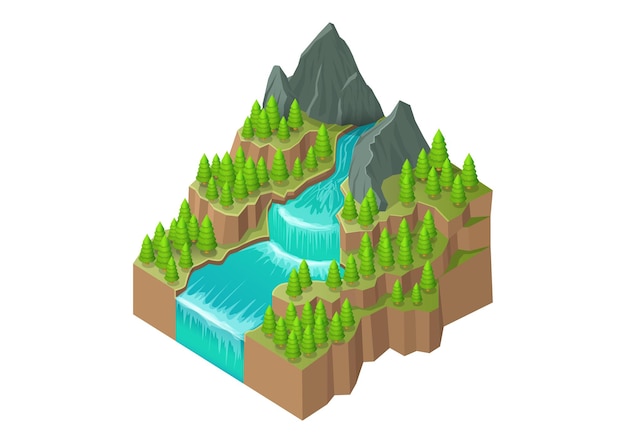 Montanha com cachoeira do rio e floresta de pinheiros