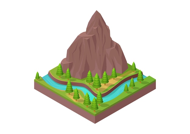 Montanha com rio e árvores