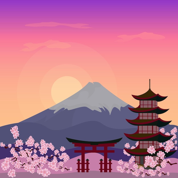 Montanha Fuji Japão Sakura Vista Paisagem Viagem Lugar Ilustração Vetorial