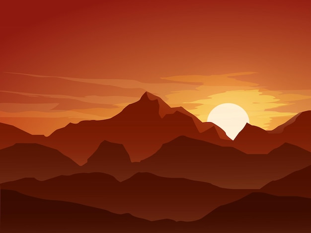 Vetor montanha na ilustração de paisagem plana ao pôr do sol