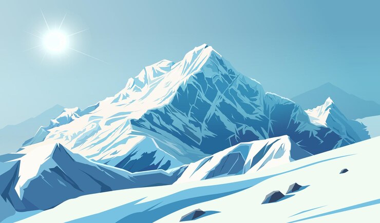 Vetor montanhas cobertas de neve sob um sol brilhante em um fundo de céu azul claro conceito de inverno ilustração vetorial