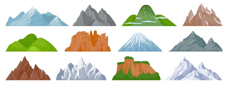 Vetor montanhas dos desenhos animados. pico da montanha com neve, colina, iceberg, penhasco de escalada do monte rochoso. paisagem e turismo caminhadas conjunto de vetores de elementos do mapa. paisagem de colina, pico de montanha ao ar livre para ilustração de caminhada