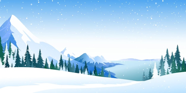 Montanhas e Lago Paisagem de Inverno Vista de Snowy Hill