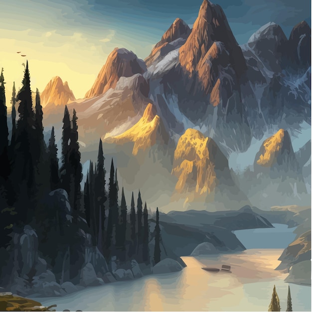 Montanhas e lago paisagem desenho animado montanhas rochosas floresta e rio cena natureza selvagem verão