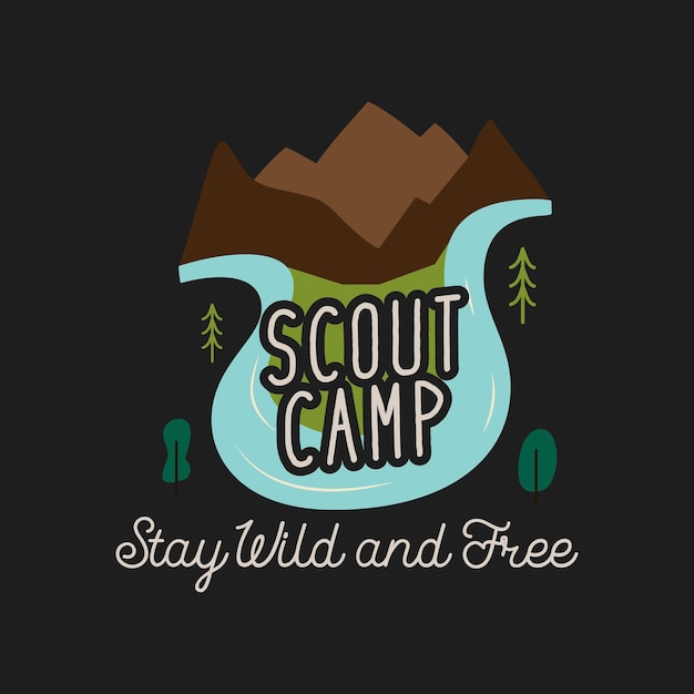 Montanhas e rios com scout camp e inscrições stay wild and free retratadas no design criativo de camisetas