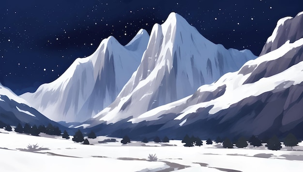 Vetor montanhas nevadas e cenário de colina durante a ilustração de pintura desenhada à mão detalhada à noite