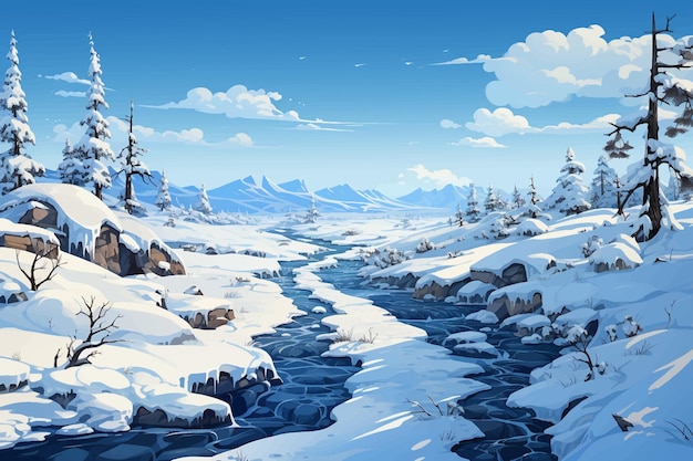 Vetor montanhas nevadas e colinas panorâmicas com vista para pássaros durante o dia pintura detalhada desenhada à mão ilustrada