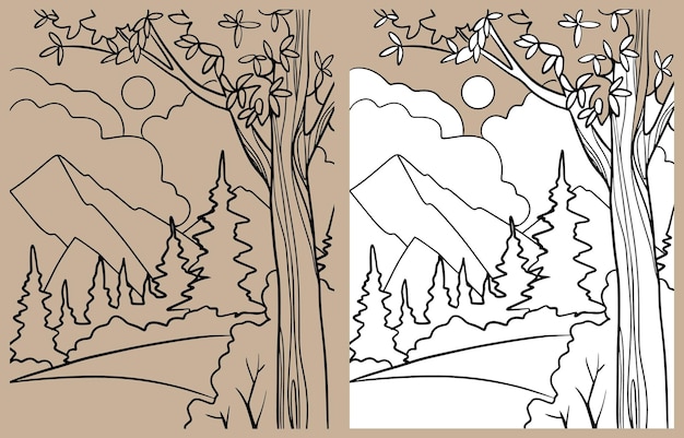 Montanhas nuvens árvore floresta vector desenho preto e branco. para livros de colorir