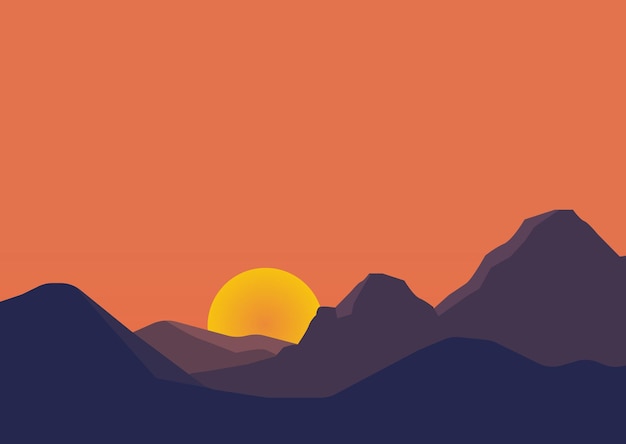 Montanhas paisagem pôr do sol cor plana