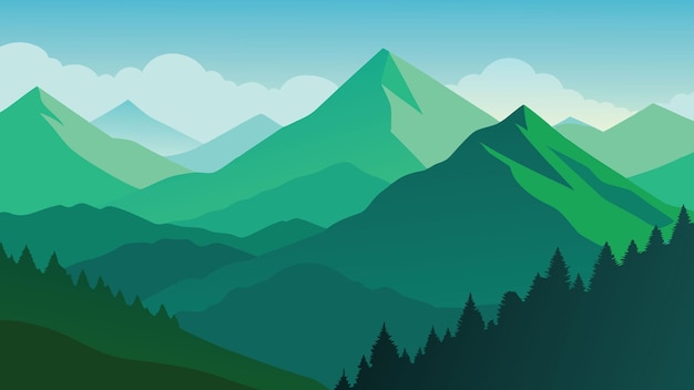Montanhas verdes exuberantes criando uma paisagem natural pitoresca sob céus claros Ilustração vetorial plana da natureza