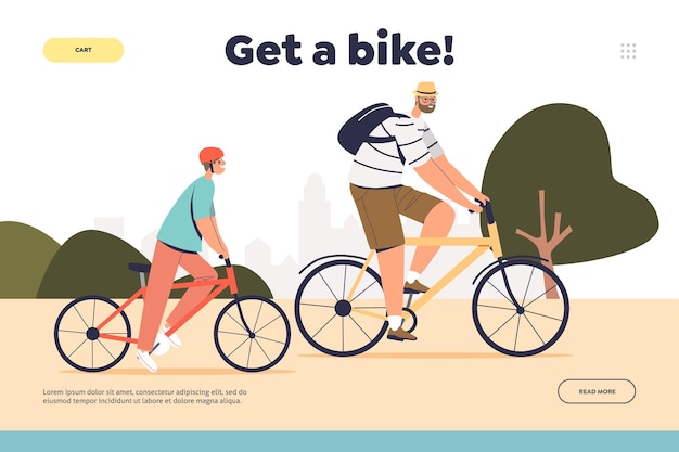 Monte um conceito de bicicleta da página de destino com pai e filho pedalando juntos no parque. Garoto bonito com o pai em bicicletas. Pai e filho andando de bicicleta. Ilustração em vetor plana de desenho animado