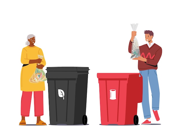 Vetor moradores da cidade separando lixo pessoas jogam lixo em recipientes para lixeiras de resíduos orgânicos e metálicos para reciclagem