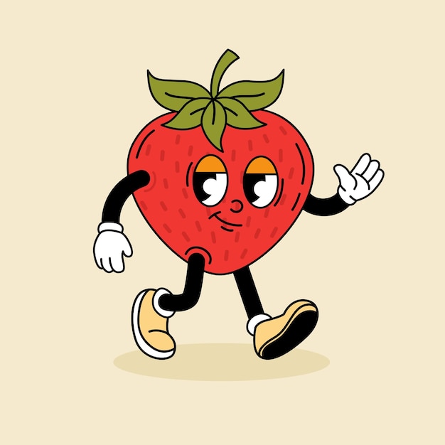 Morango divertido em estilo groove personagem retro impressão de ilustração vetorial de desenho animado