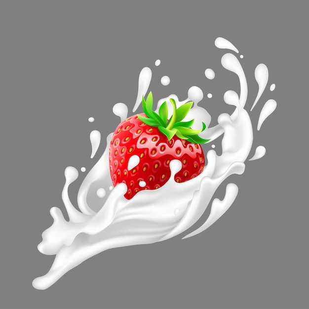 Morango em respingos de leite com gotas ilustração vetorial isolada 3d realista