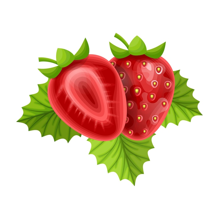 Vetor morango fresco realista com folhas de frutas cortadas ao meio no fundo branco formato em vetor eps 10