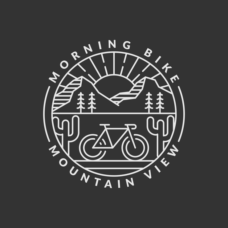 Vetor morning mountain biking badge ilustração vetorial de montanha e bicicleta monoline ou design de estilo de arte de linha pode ser para t-shirts necessidades de impressão de adesivos