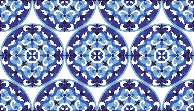 Mosaico clássico azul e branco sem costura padrão floral abstrato redondo fundo medalhão de repetição