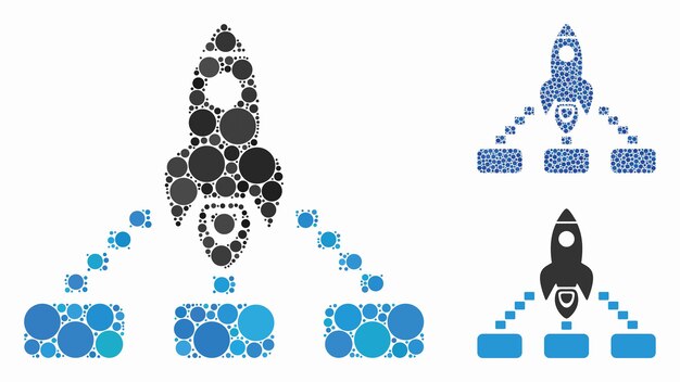 Mosaico de colaboração de foguetes espaciais de elementos circulares em tamanhos variáveis e tons de cores baseados