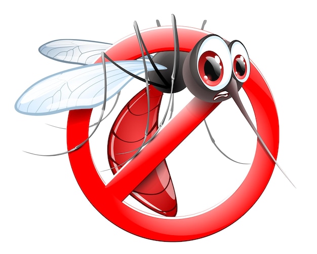 Vetor mosquito de desenho animado engraçado em sinal stop aviso de insetos voadores
