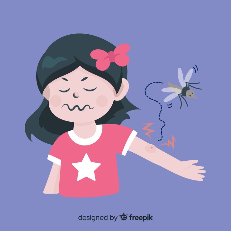 Vetor mosquito mordendo uma pessoa com design plano