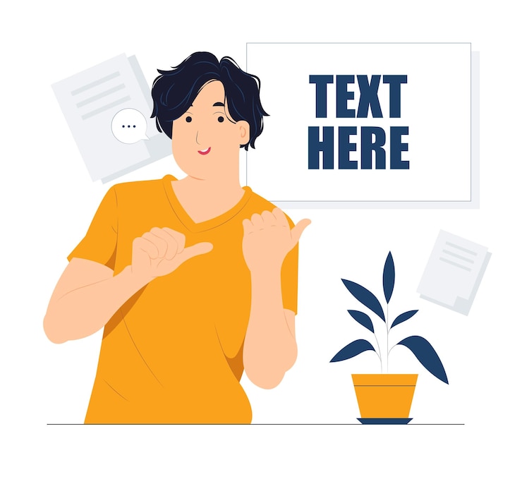 Vetor mostrando e apontando os dedos no canto superior esquerdo e direito com conselhos de expressão feliz use esta ilustração de conceito de espaço de cópia com sabedoria