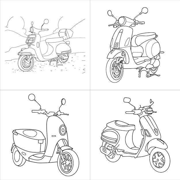 Moto, scooter, esboço de motocicleta e ilustração de arte de linha.