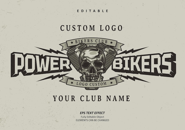 Motocicleta automotiva bikers club logotipo techno efeito de texto editável vetor premium