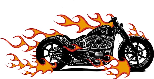 Motocicleta em chamas dramática envolvida em ferozes chamas laranjas de fogo e faíscas explodindo