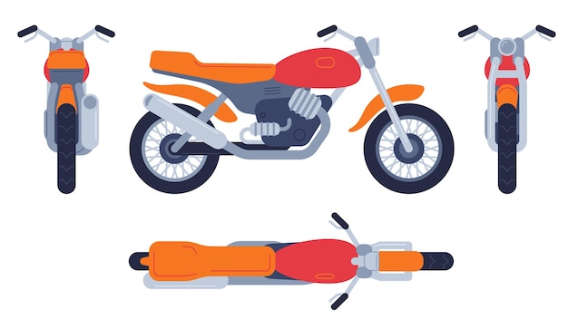 Motocicleta em diferentes posições. parte superior da motocicleta, vista frontal traseira e lateral, conjunto de vetores de maquete de transporte de veículos de motocross detalhados. ilustração de motocicleta e bicicleta, transporte de motocicleta