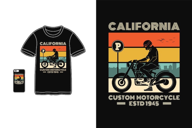 Motocicleta personalizada da califórnia, design de camiseta com silhueta estilo retro