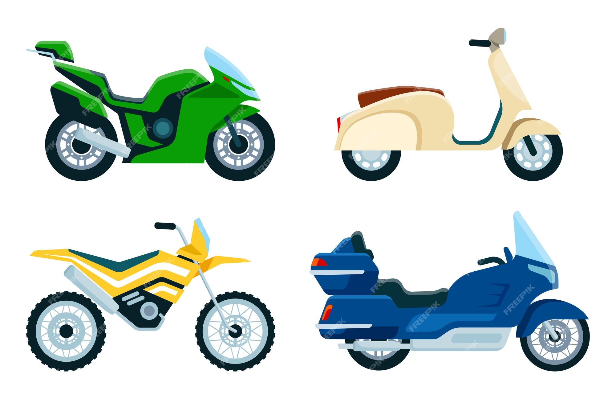 Conjunto de três veículos de desenho animado moto scooter e carro