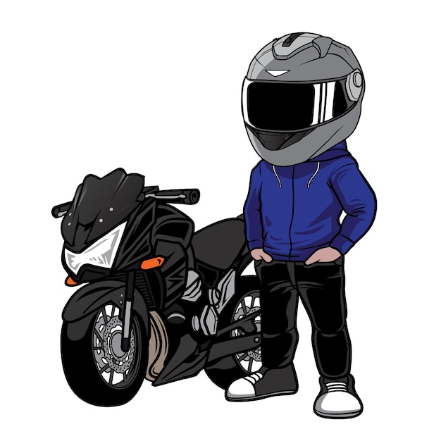 Motociclista ao lado de desenhos animados de motocicleta