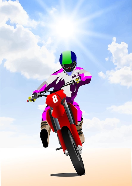 Motociclista de motocross está realizando um wheelie com sua bicicleta vermelha sob um céu ensolarado Ilustração desenhada à mão