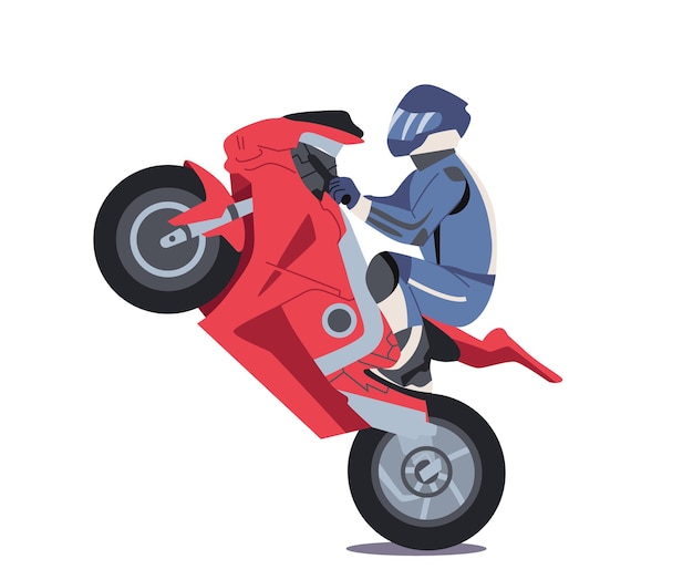 Motociclista dublê personagem masculino fazer acrobacias extremas montar motocicleta isolado no fundo branco traje de segurança e capacete conduzir moderno bicicleta desenho animado pessoas ilustração vetorial