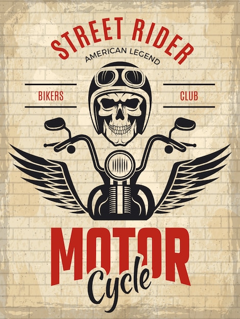 Vetor motociclistas de poster retro. modelo de vetor do crânio motocicleta gangue piloto conceito cartaz