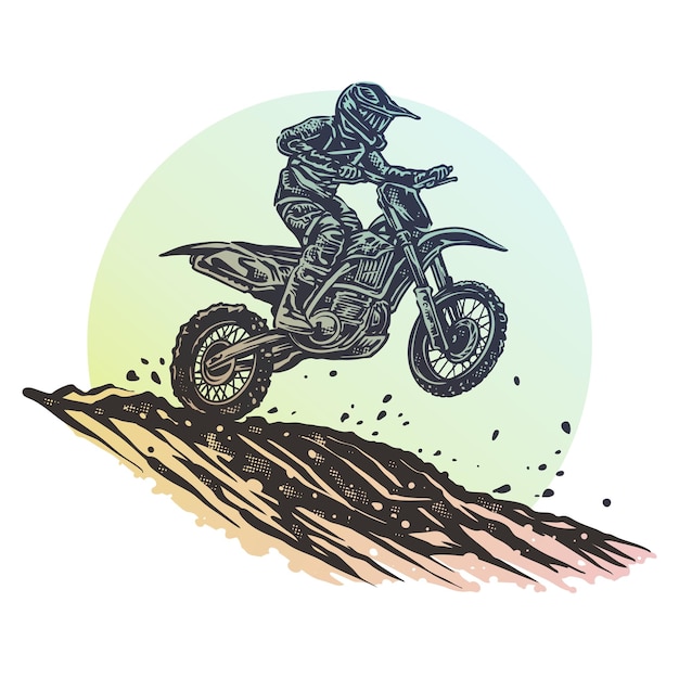 Vetor motocross de terra colorido em ação na pista com uma ilustração de estilo vintage