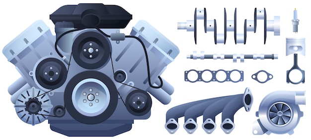 Motor de carro. pistões, gerador, turbocompressor. isolado em um fundo branco.